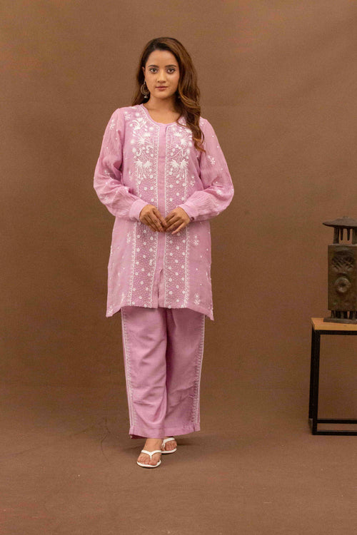 Urviya Chikankari Mul Chanderi Pearl Work Purple Coord Set
