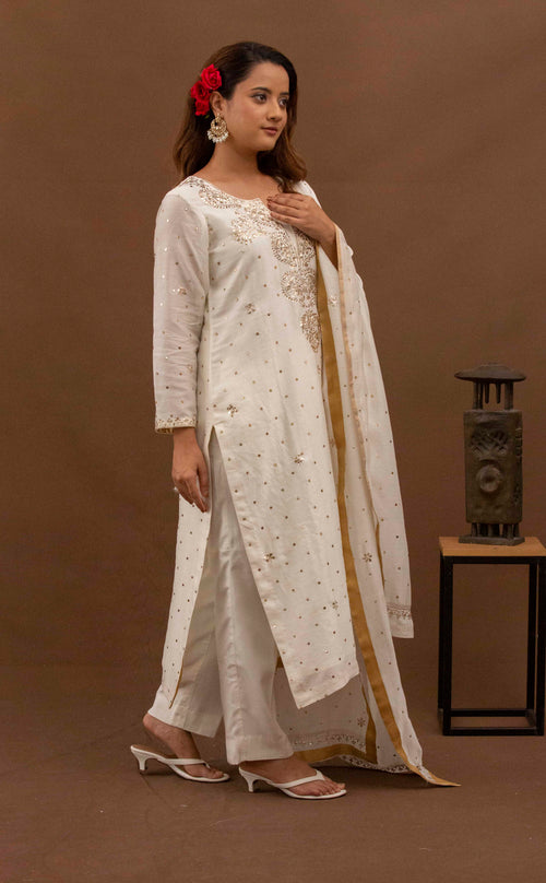 Urviya Chikankari Chanderi Silk White Pitta Work Mukaish Galla Booti Suit