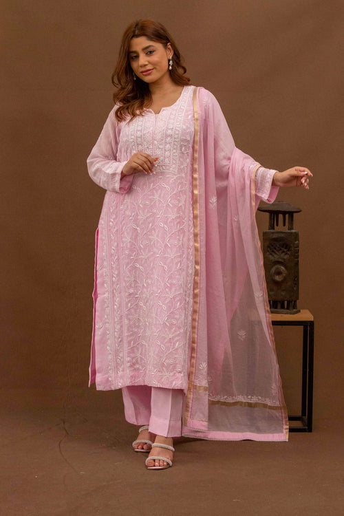 Urviya Chikankari Mul Chanderi Pink Cutdaana Pearl Work Panel Suit