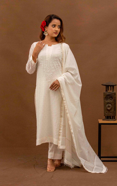 Urviya Chikankari Mul Chanderi White Cutdaana Pearl Work Galla Booti Suit