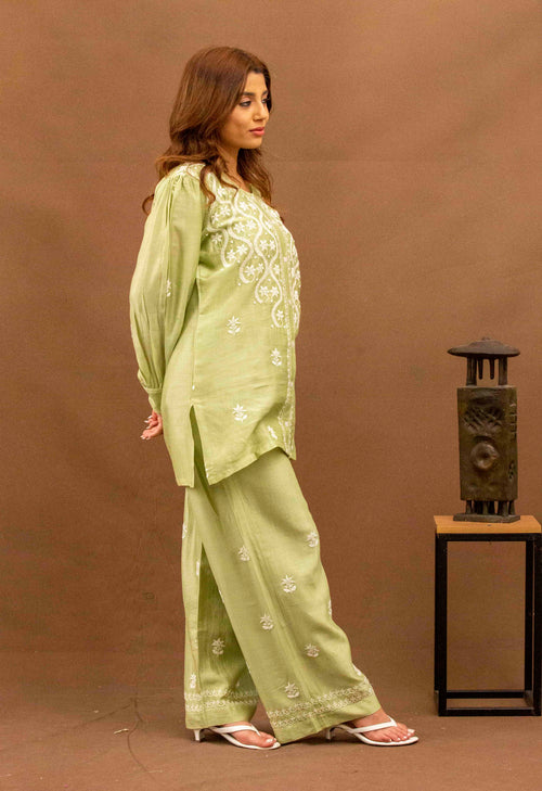 Urviya Chikankari Chanderi Silk Green Pearl Work Cutdaana Coord Set