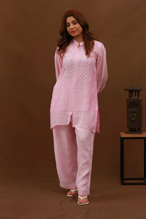 Urviya Chikankari Mul Chanderi Cutdaana Pink Pearl Work Coord Set