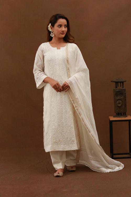 Urviya Chikankari Mul Chanderi Cutdaana White Pearl Work Panel Suit Pattern 2