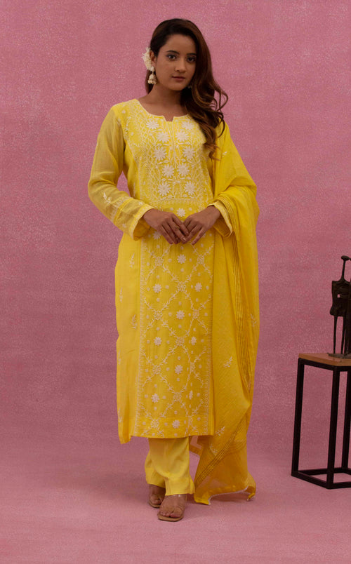Urviya Chikankari Mul Chanderi Panel Yellow Cutdaana Pearl Work Suit