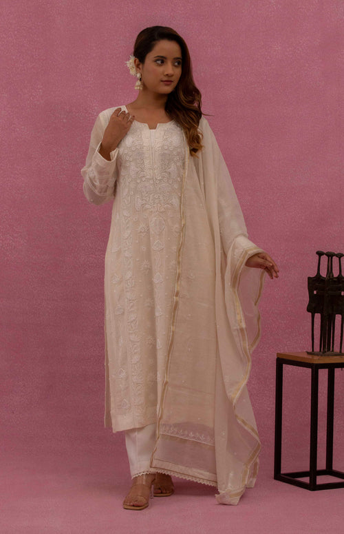 Urviya Chikankari Mul Chanderi Cutdaana White Pearl Work Panel Suit Pattern 3