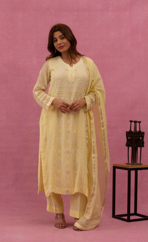 Urviya Chikankari Mul Chanderi Cutdaana Yellow Pearl Work Panel Kasab Suit