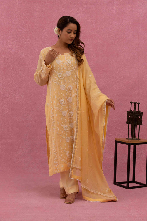 Urviya Chikankari Mul Chanderi Yellow Pearl Work Cutdaana Panel Suit