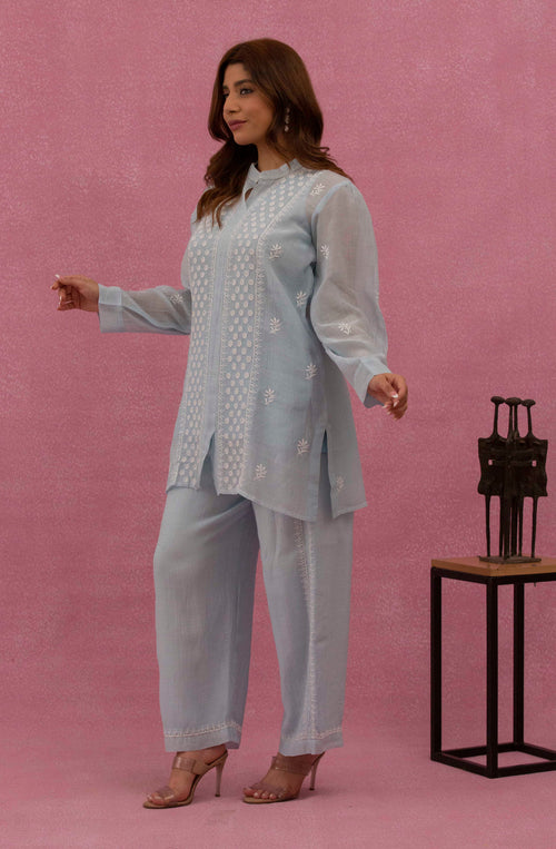 Urviya Chikankari Mul Chanderi Cutdaana Blue Pearl Work Coord Set