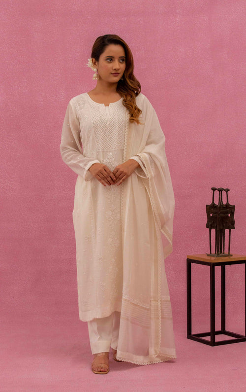Urviya Chikankari Mul Chanderi White Gala Boota Cutdaana Pearl Work Suit