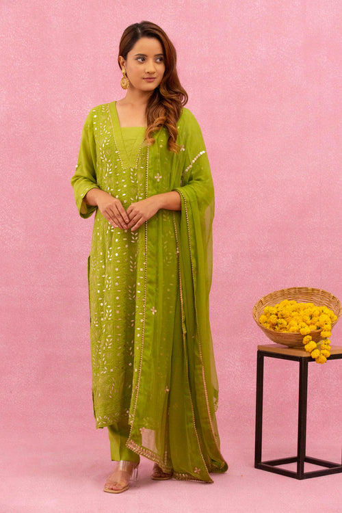 Urviya Chikankari Viscose Georgette Green Gotta patti Jaal Bakhiya Zari Work Suit