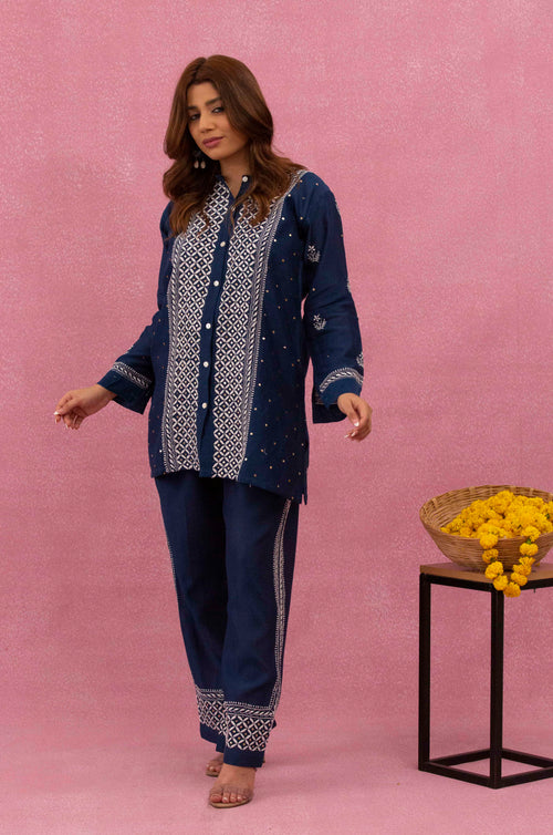 Urviya Chikankari Chanderi Silk Dark Blue Mukaish Coord Set
