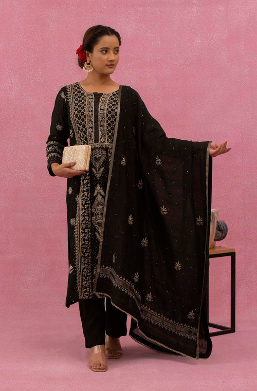 Urviya Chikankari Mul Chanderi Black Panel Mukaish Suit