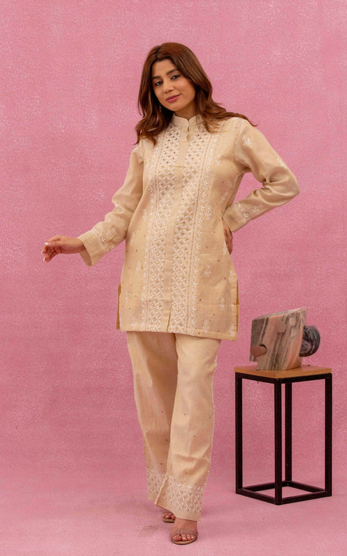 Urviya Chikankari Tissue Yellow Mukaish Coord Set