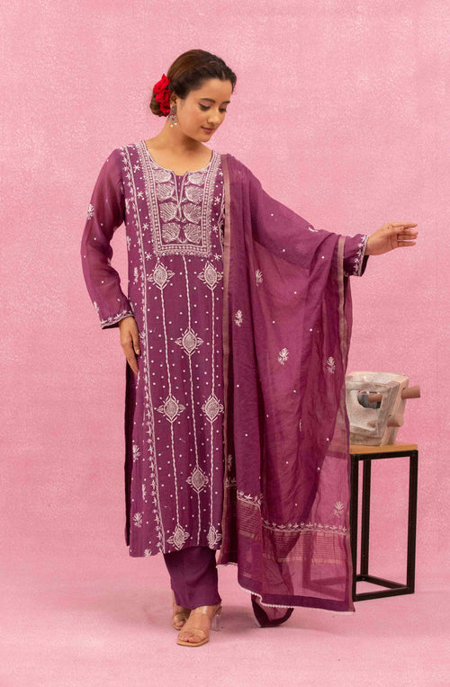 Urviya Chikankari Mul chanderi Purple Pearl Work Cutdaana Panel Suit