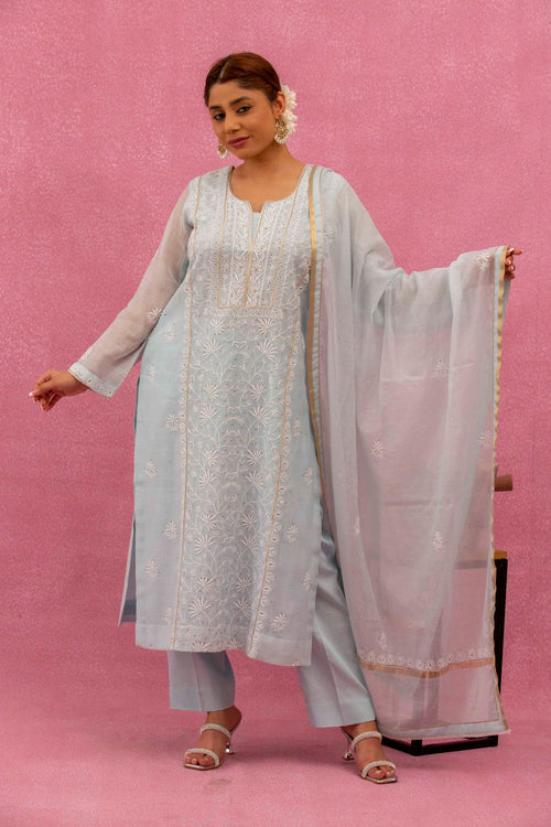 Urviya Chikankari Mul Chanderi Light Blue Mukaish Suit