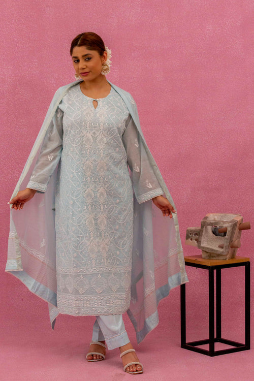 Urviya Chikankari Mul Chanderi Light Blue Pearl Work Cutdaana Jaal Suit