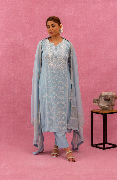 Urviya Chikankari Mul Chanderi Light Blue Cutdaana Pearl Work Panel Suit