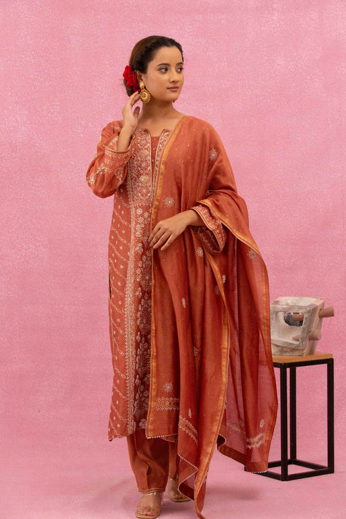 Urviya Chikankari Chanderi Silk Red Mukaish Panel Suit