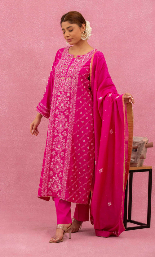 Urviya Chikankari Chanderi Silk Pink Mukaish Panel Suit