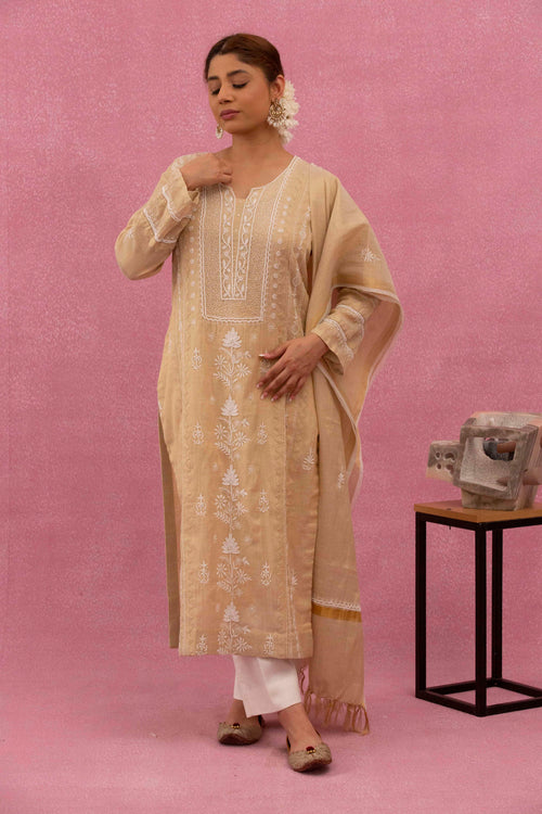 Urviya Chikankari Tissue Yellow Cutdaana Pearl Work Daraj Suit