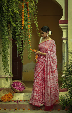 Red Viscose Georgette Chikankari Full Jaal Saree