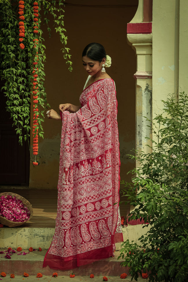 Urviya Chikankari Viscose Georgette Saree - Full Jaal Work Red