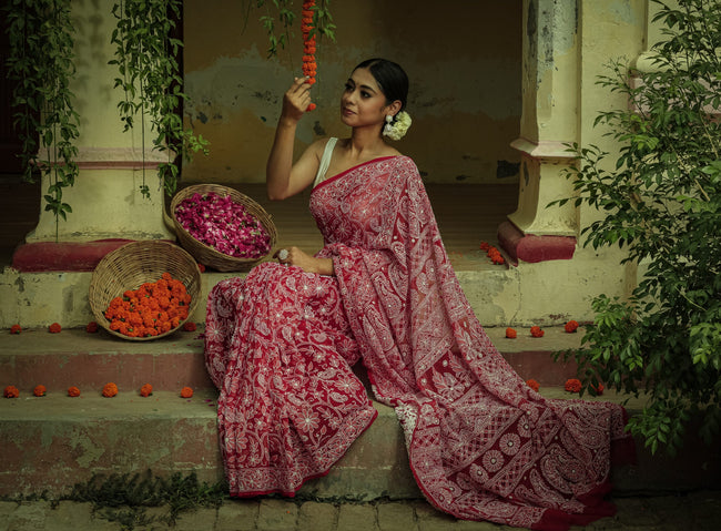 Urviya Chikankari Viscose Georgette Saree - Full Jaal Work Red