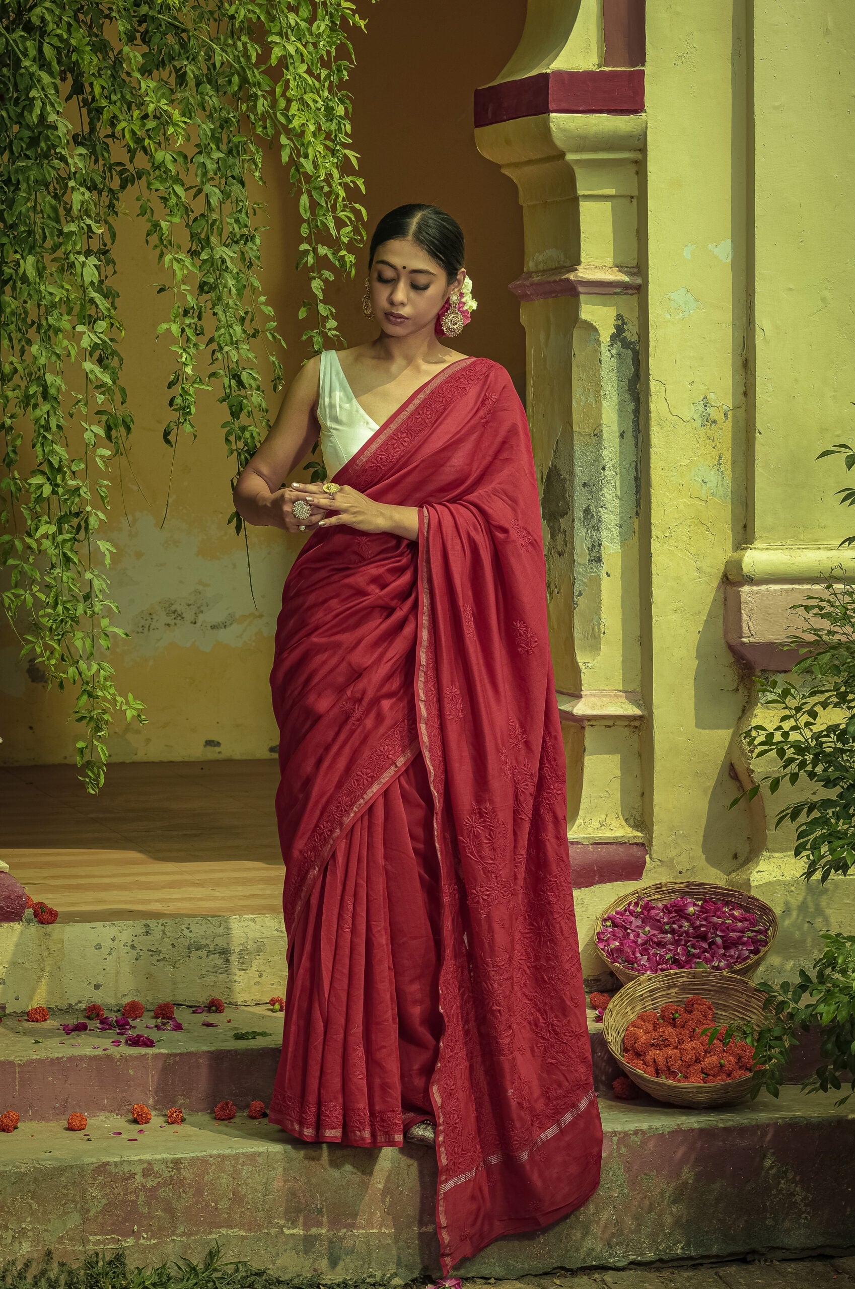 Urviya Chikankari Chanderi Tone on Tone with Border Palla Red