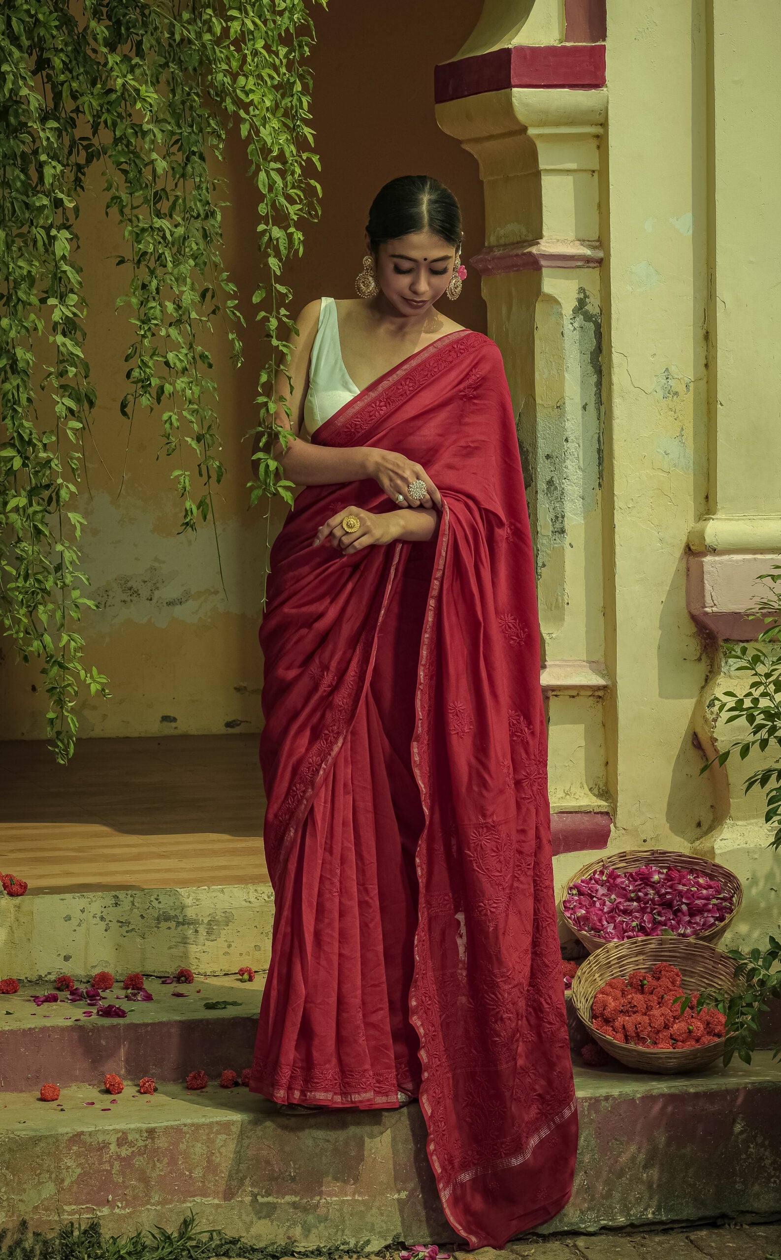 Urviya Chikankari Chanderi Tone on Tone with Border Palla Red