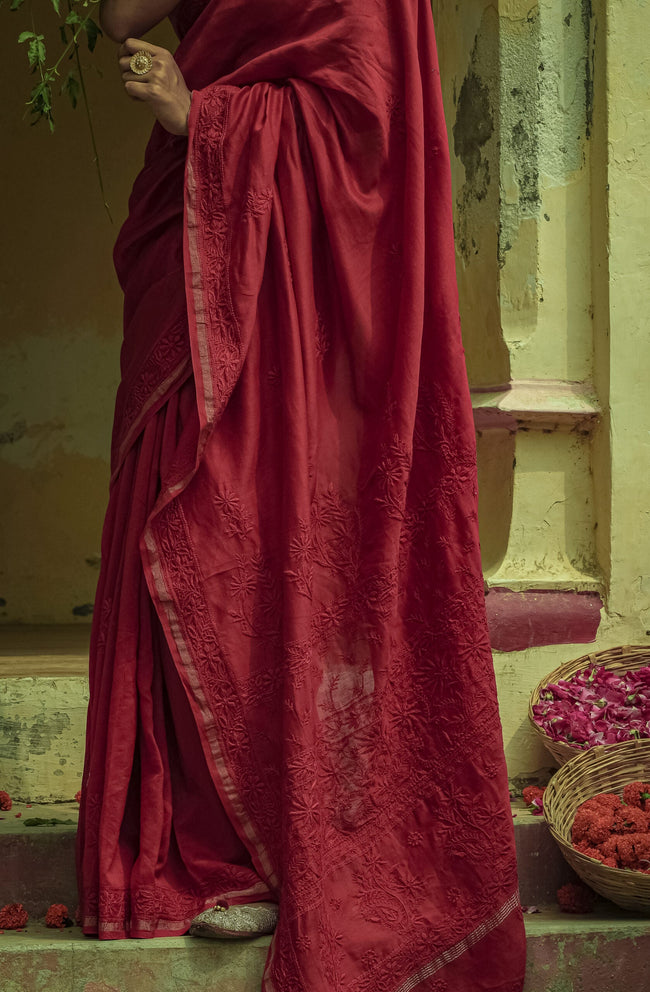 Urviya Chikankari Chanderi Tone on Tone with Border Palla Red