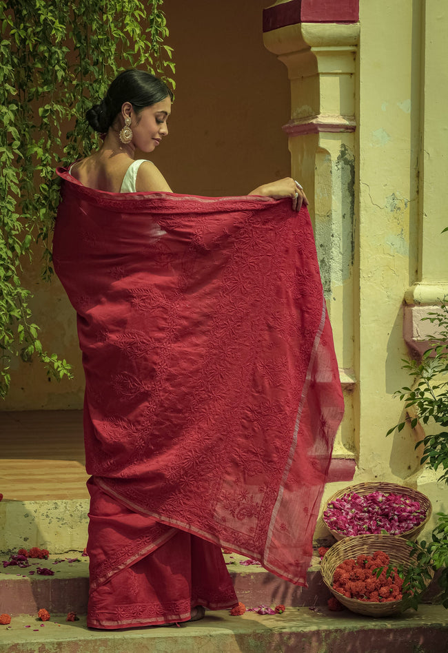 Urviya Chikankari Chanderi Tone on Tone with Border Palla Red