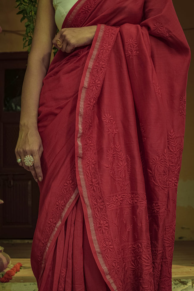 Urviya Chikankari Chanderi Tone on Tone with Border Palla Red