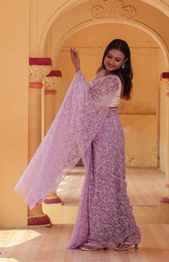 Purple Viscose Georgette Chikankari Tepchi Work Saree