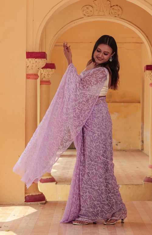 Urviya Chikankari Viscose Georgette Saree with Tepchi Work Purple