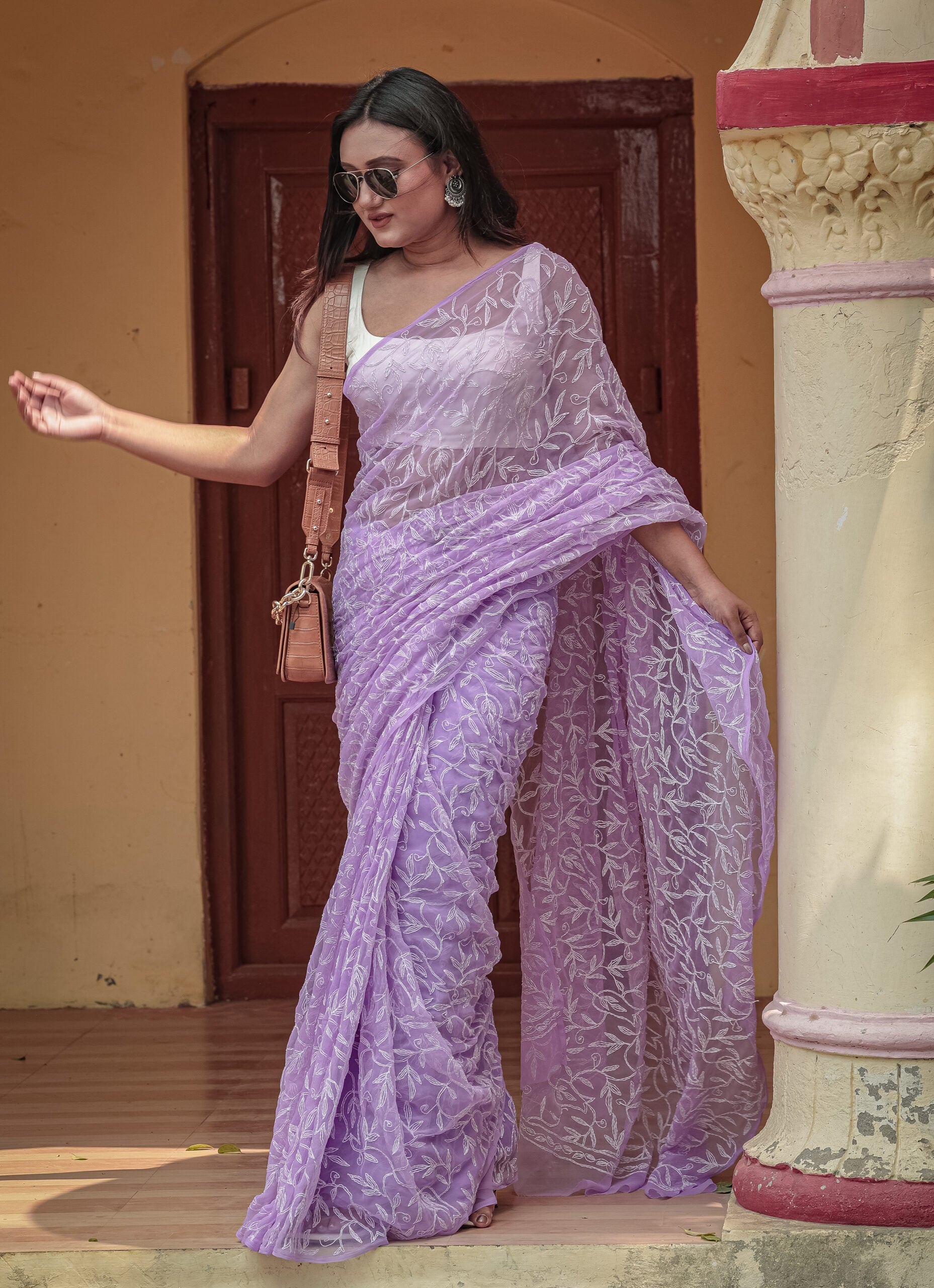 Urviya Chikankari Viscose Georgette Saree with Tepchi Work Purple