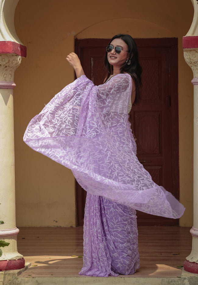Urviya Chikankari Viscose Georgette Saree with Tepchi Work Purple