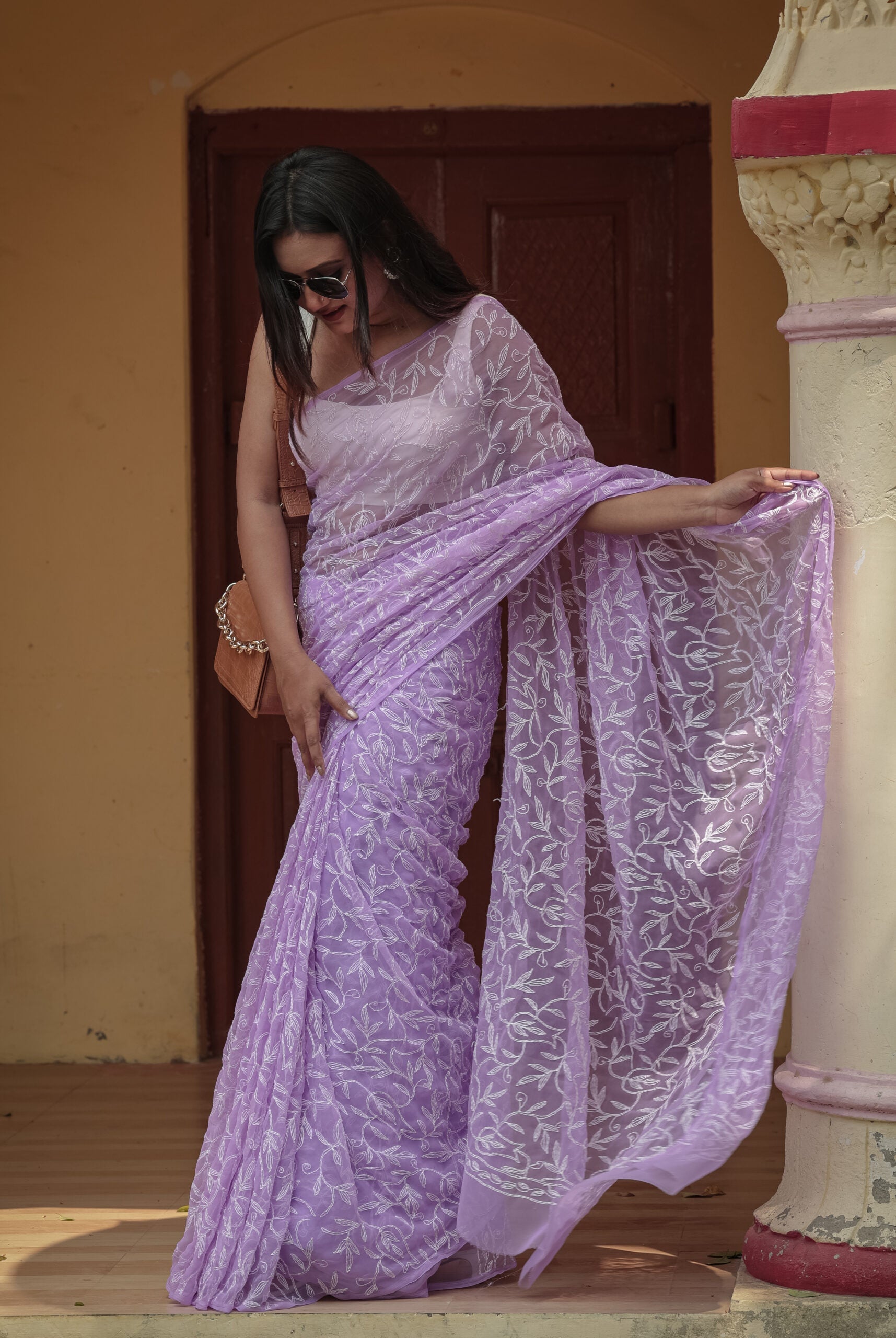 Urviya Chikankari Viscose Georgette Saree with Tepchi Work Purple