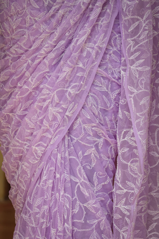 Urviya Chikankari Viscose Georgette Saree with Tepchi Work Purple