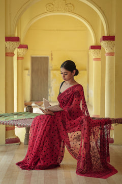 Red Viscose Georgette Chikankari Keel Jaal Work Saree