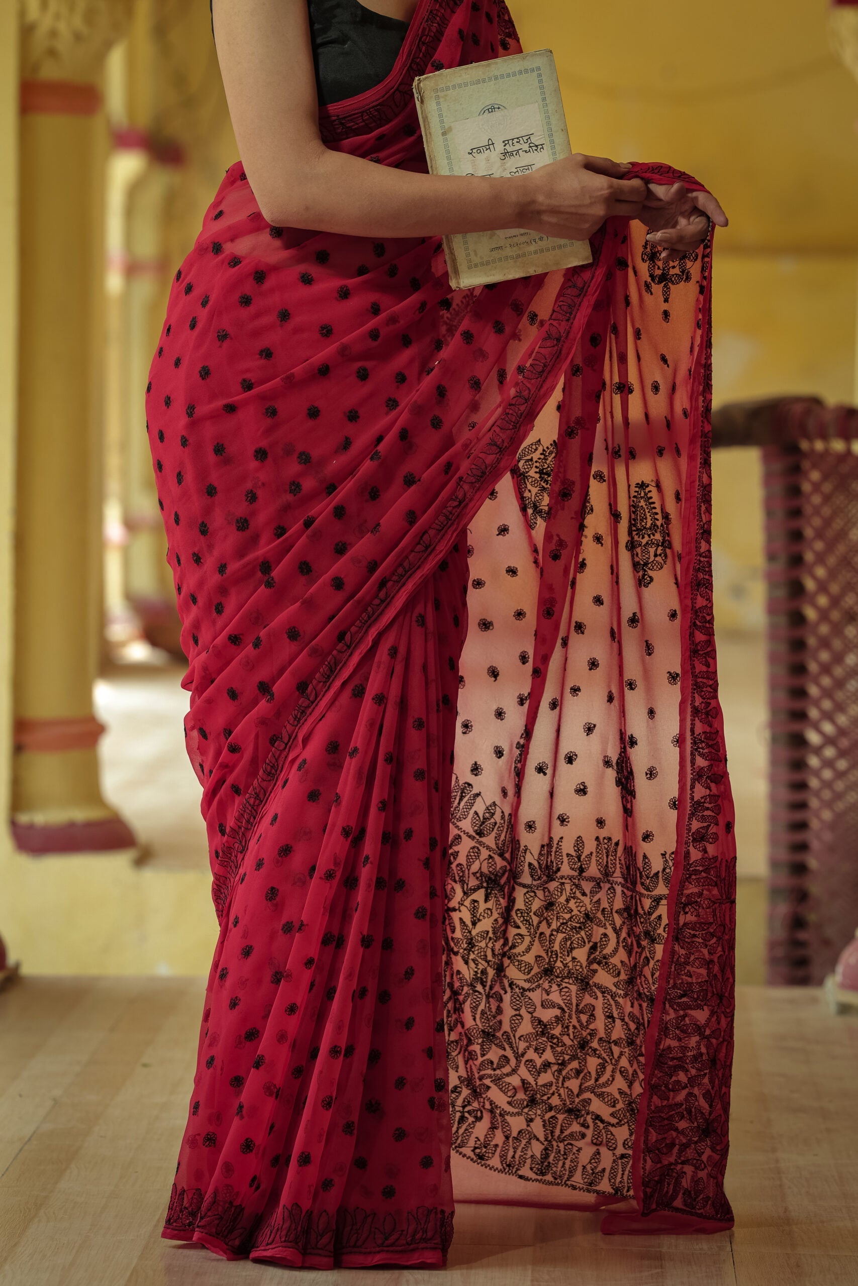 Red Viscose Georgette Chikankari Keel Jaal Work Saree