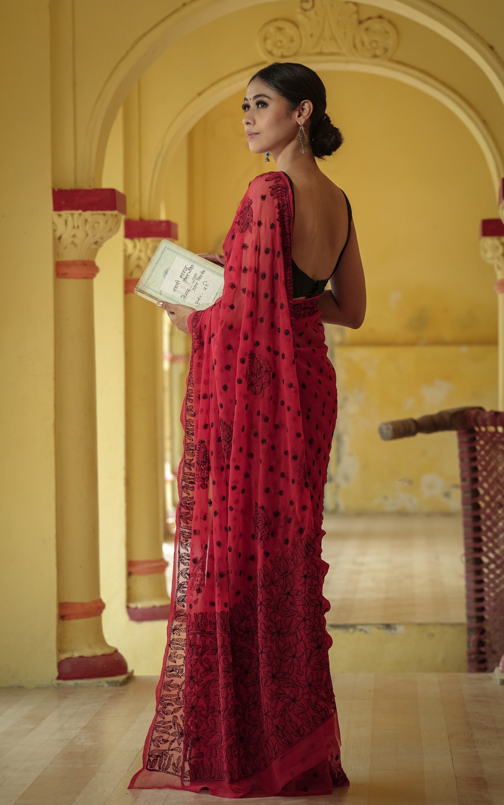 Red Viscose Georgette Chikankari Keel Jaal Work Saree