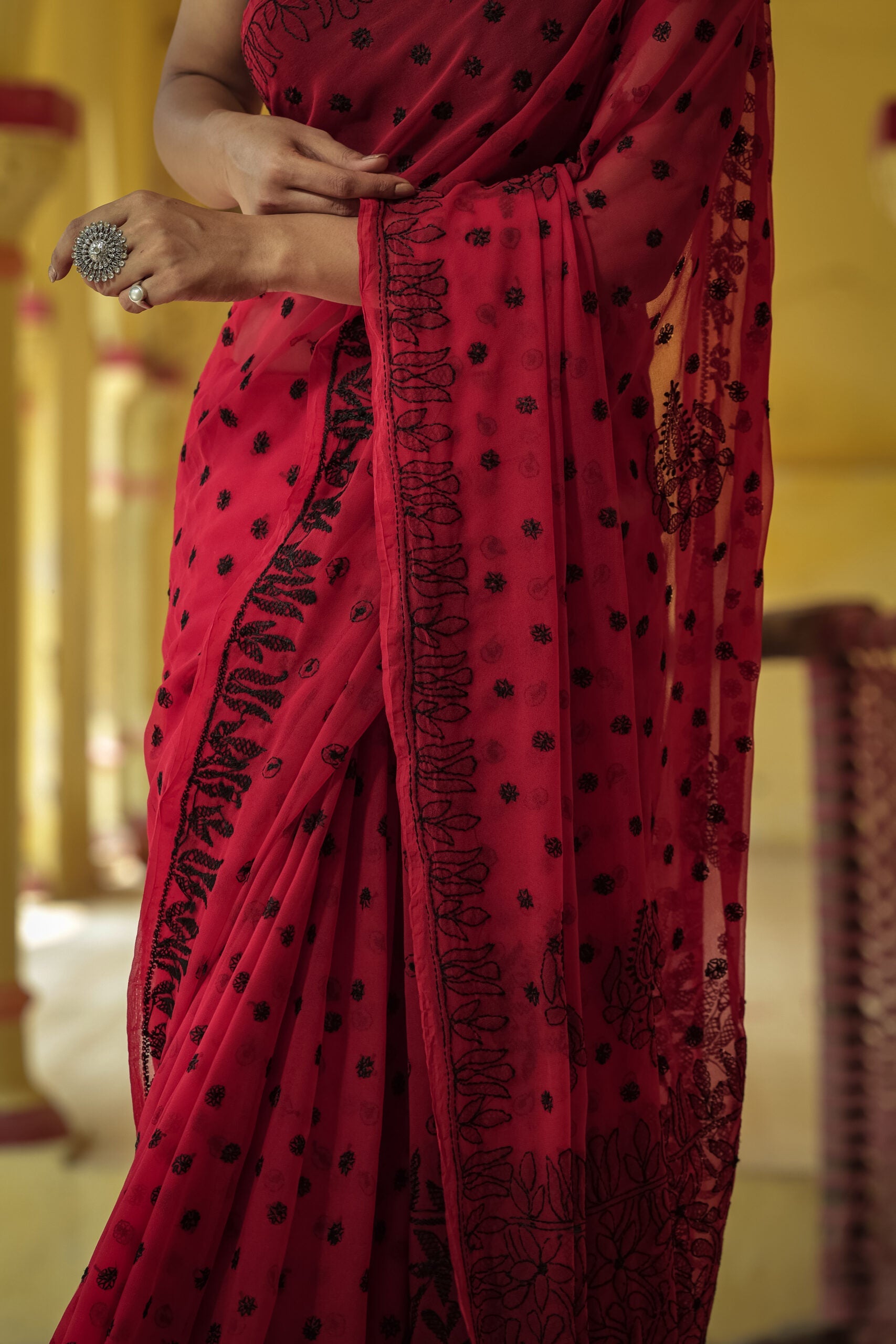Red Viscose Georgette Chikankari Keel Jaal Work Saree
