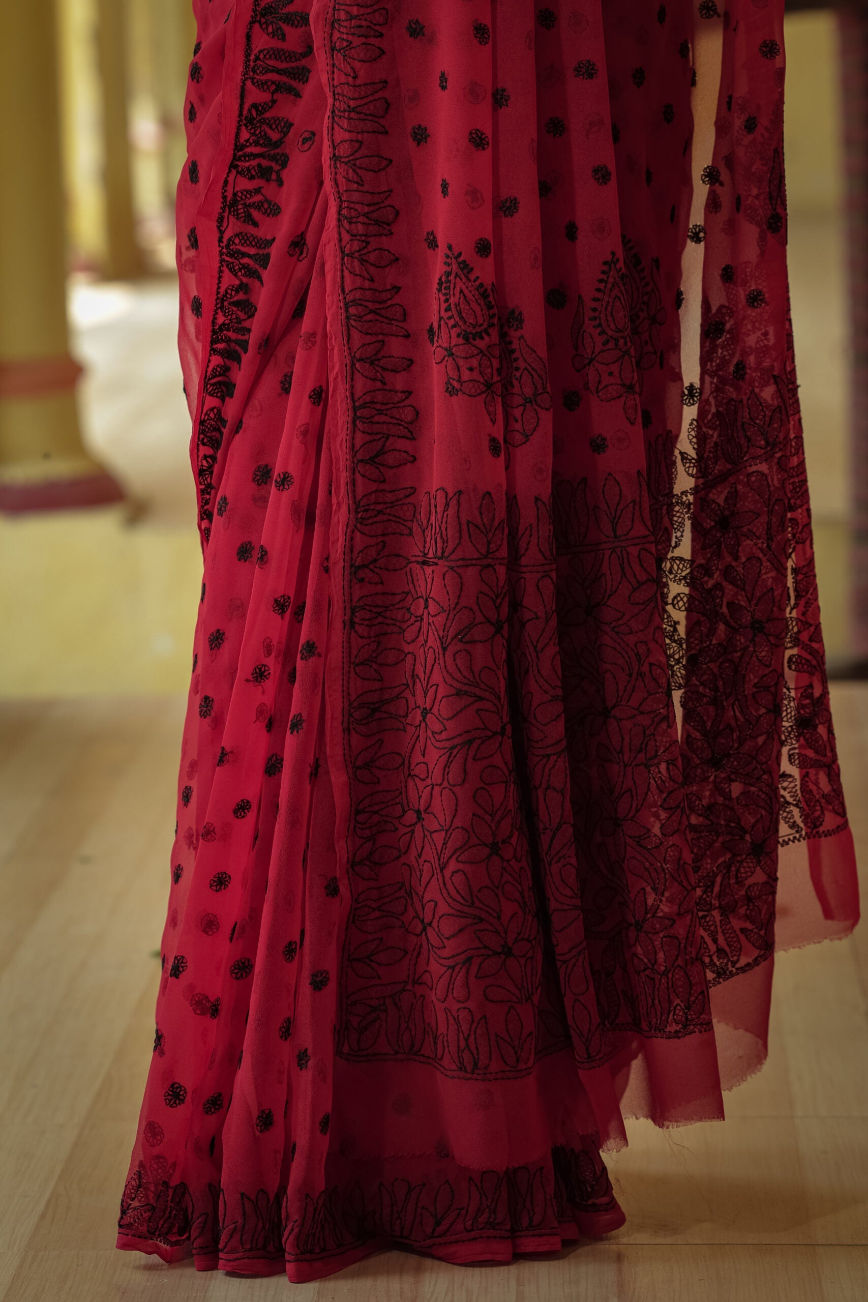 Red Viscose Georgette Chikankari Keel Jaal Work Saree
