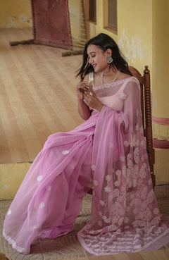 Purple Viscose Georgette Palla Booti Chikankari Saree