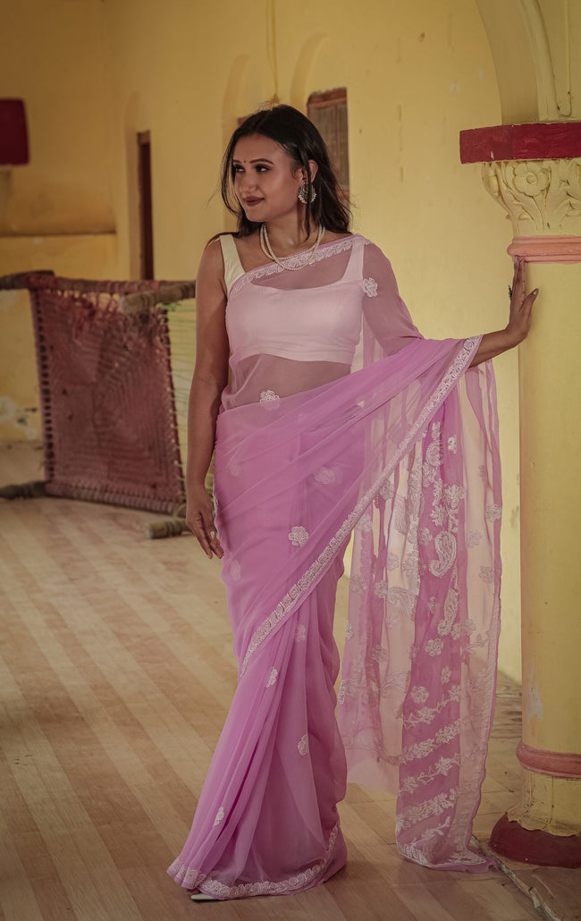 Urviya Chikankari Viscose Georgette Saree with Palla Booti Purple