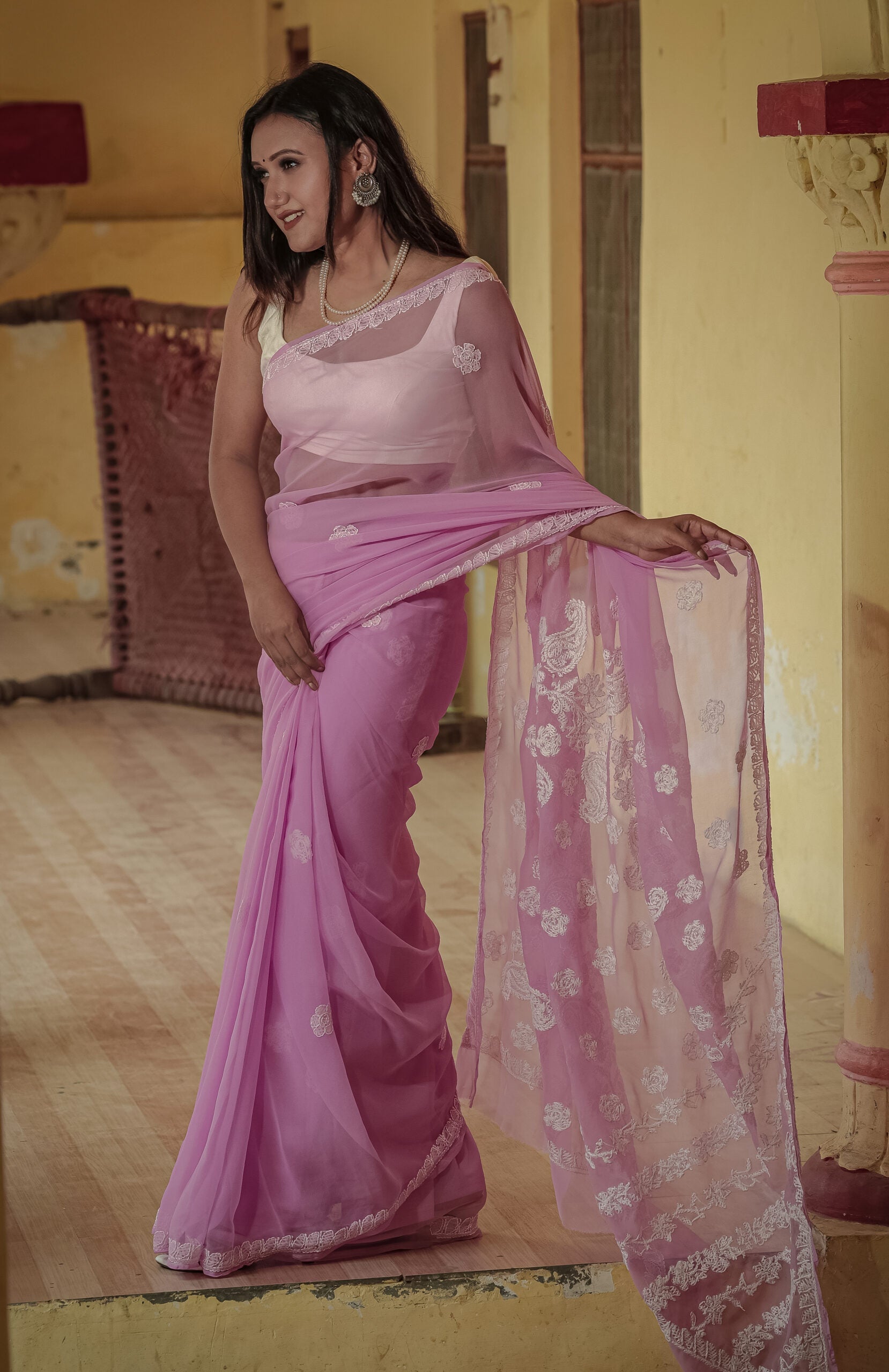 Purple Viscose Georgette Palla Booti Chikankari Saree