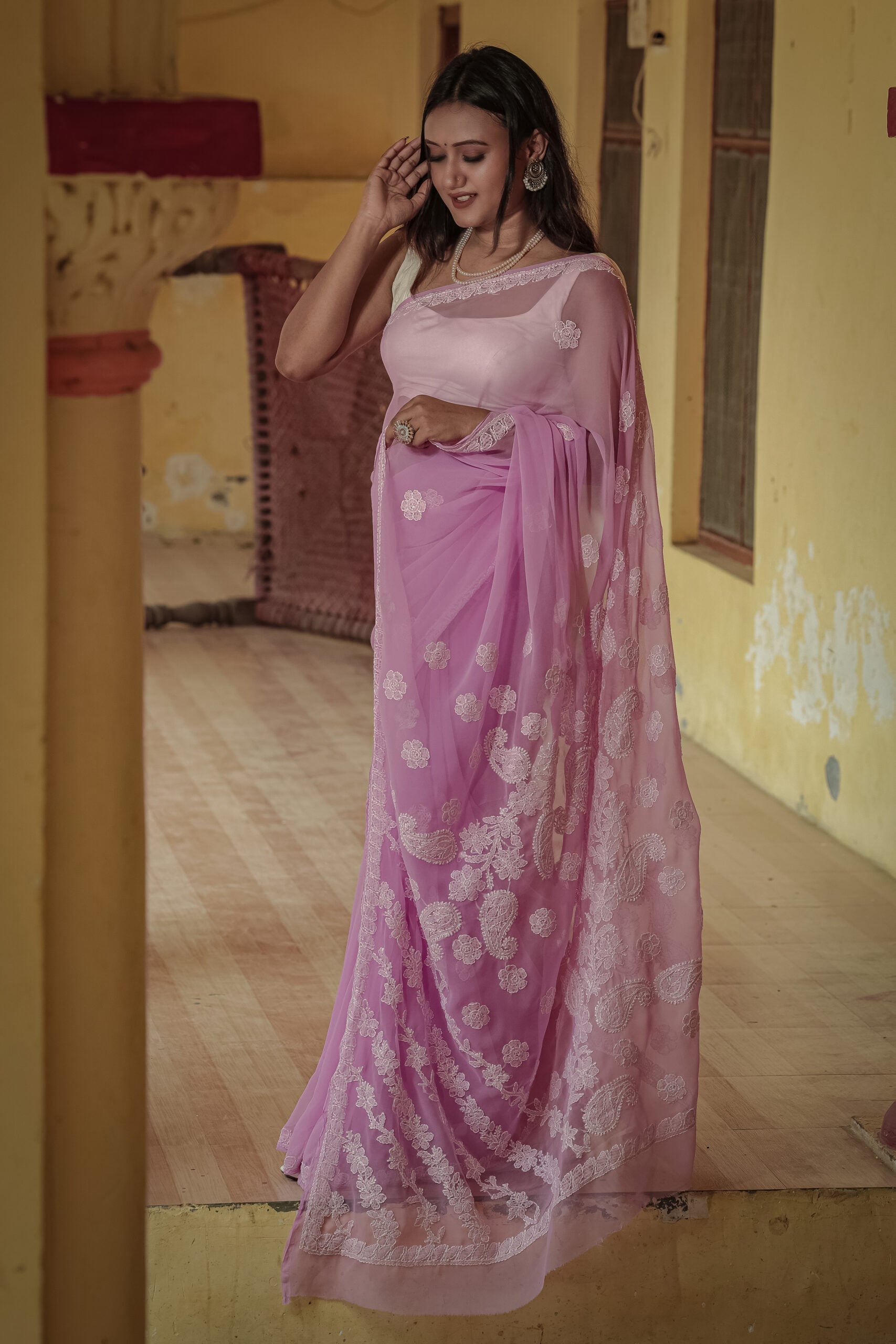 Purple Viscose Georgette Palla Booti Chikankari Saree