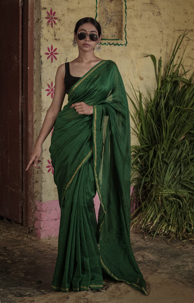 Urviya Chikankari Chanderi Tone on Tone with Border Palla Green