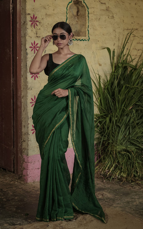Urviya Chikankari Chanderi Tone on Tone with Border Palla Green