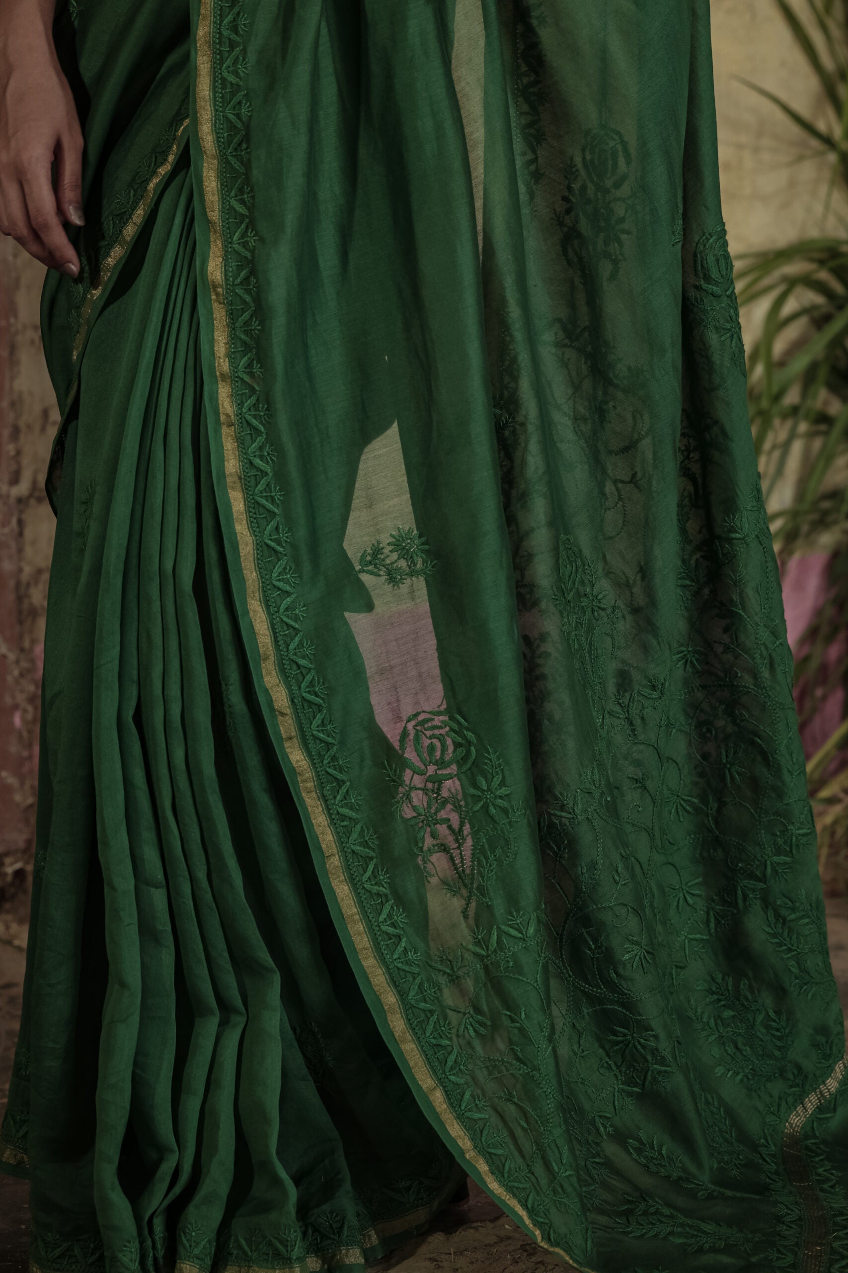 Urviya Chikankari Chanderi Tone on Tone with Border Palla Green